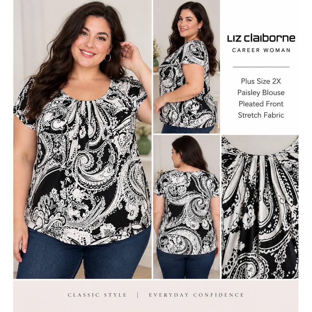 Liz Claiborne Career Woman Blouse Top Womens 2X Black White Paisley Scoop Neck